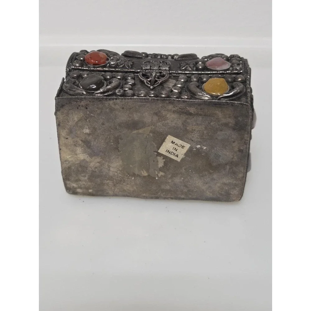 VTG India Agate Inlaid Jewelry Box Velvet Lined Trinket Wedding Box 4